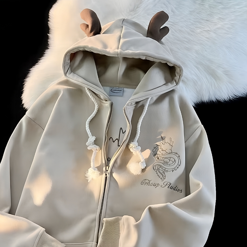 Herren Hoodie, Drachen Hoodie, Hoodie mit Hörnern, weiter Hoodie, Oversize Hoodie